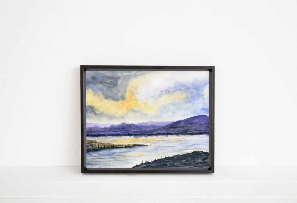 Coastal landscape painting in shades of blue, purple, and yellow, Seaside artwork with a striking color scheme of blue, purple, and yellow