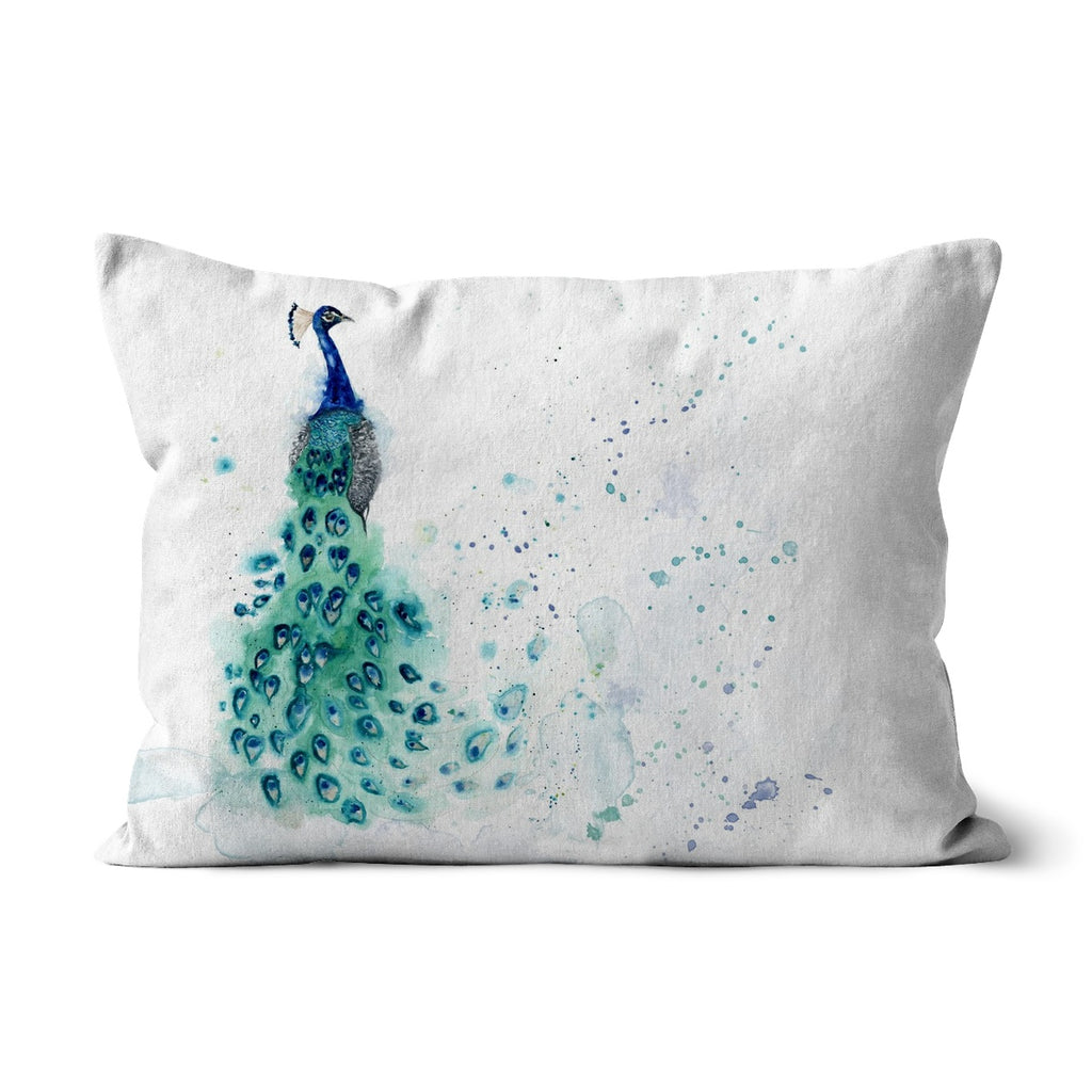 Enhance your living space with a watercolour peacock cushion in stunning hues