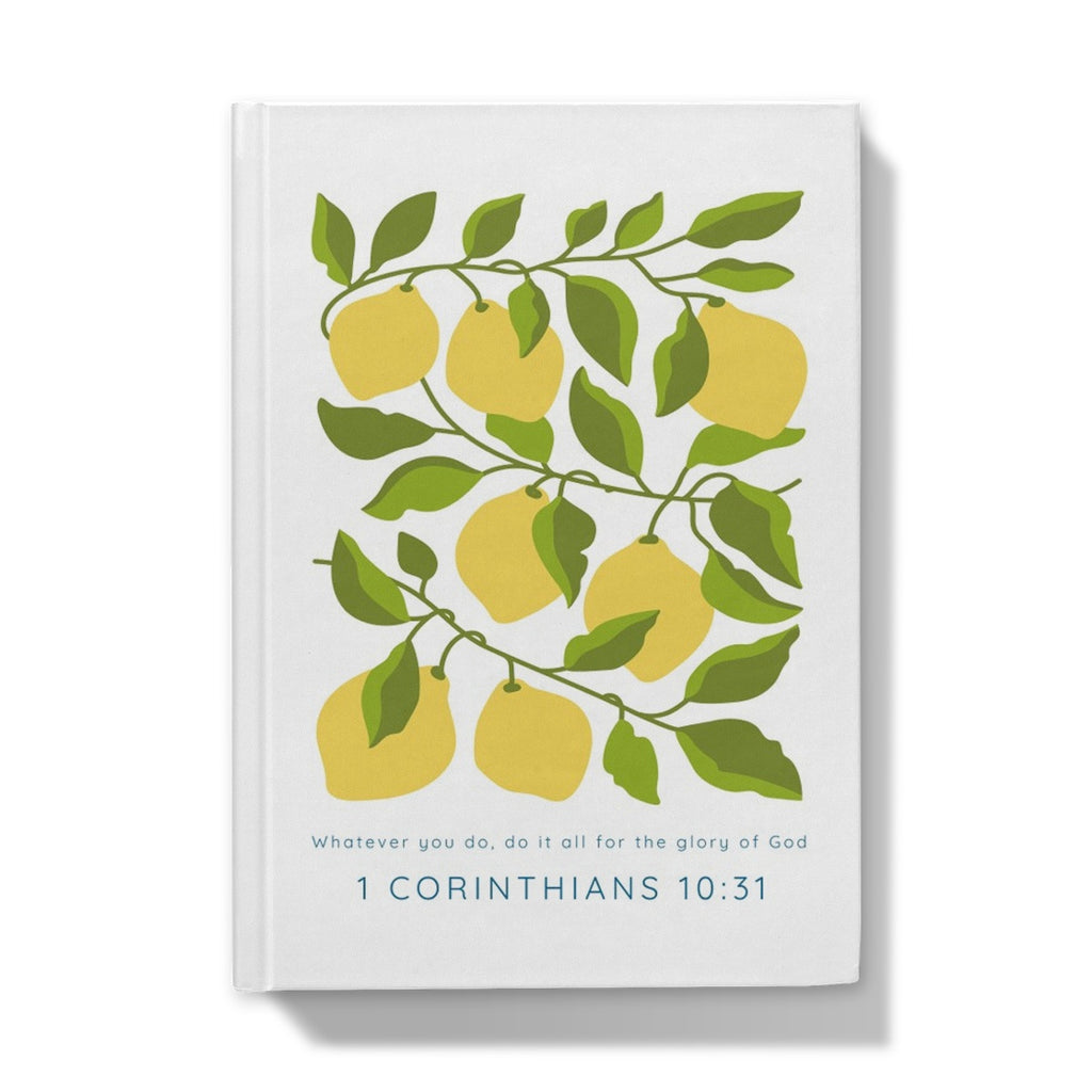 Fruitful Inspiration: 1 Corinthians 10:31 Notebook, Lemon Tree Design, and Faithful Scripture.