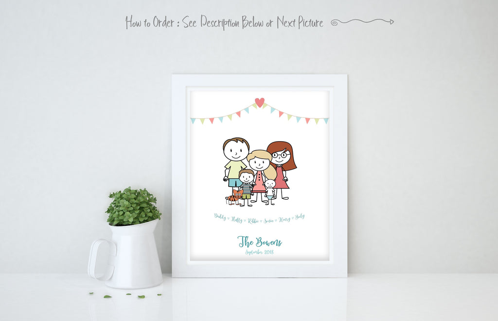 Personalised Family Print, Family Picture Cartoon, Family Wall Art Ideas, personalised family print with rabbit, cartoon family art uk