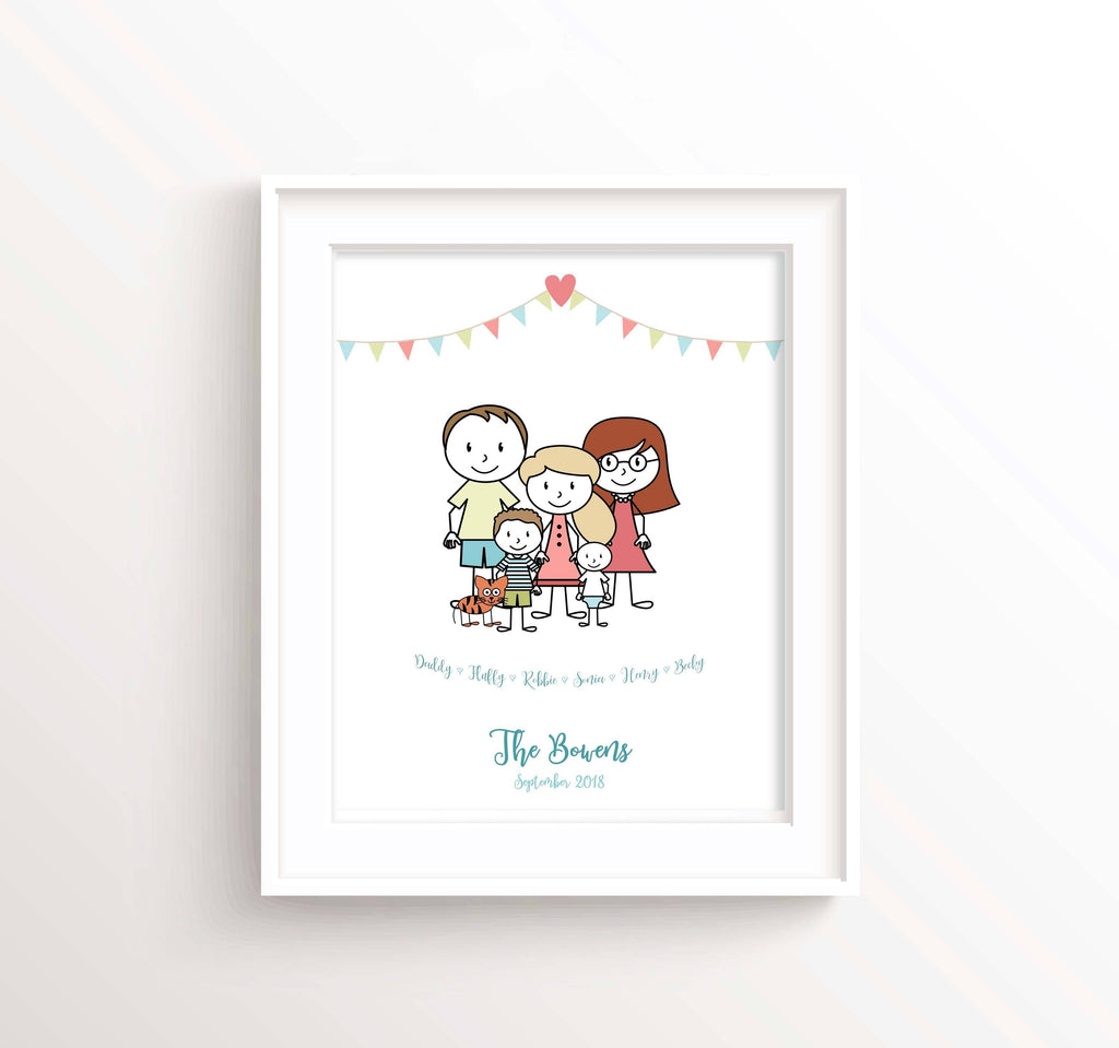 Personalised Family Gifts, gift Ideas for Family Friends, one gift whole family, custom family art print uk, cartoon family prints uk