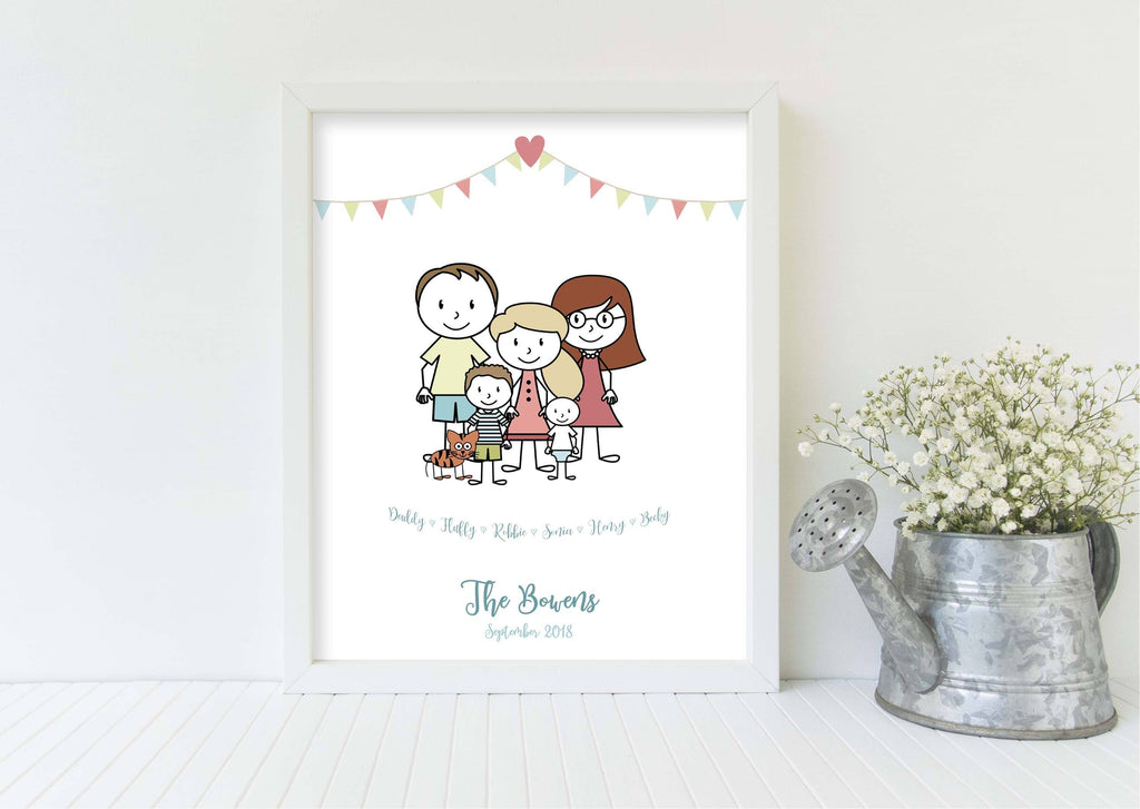 personalised family portrait drawing,family illustration, cartoon family portrait uk, Personalised Family Print, Family Picture Cartoon