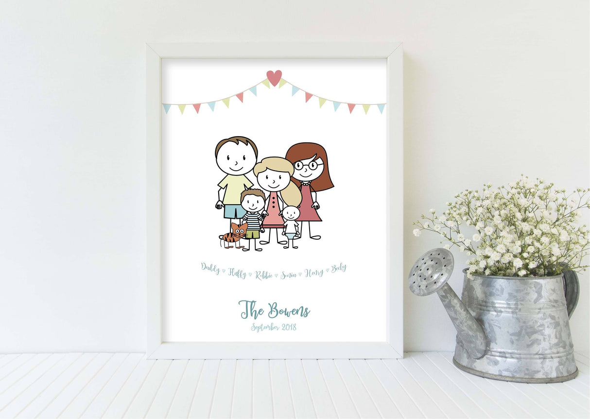 personalised family portrait drawing,family illustration, cartoon family portrait uk, Personalised Family Print, Family Picture Cartoon