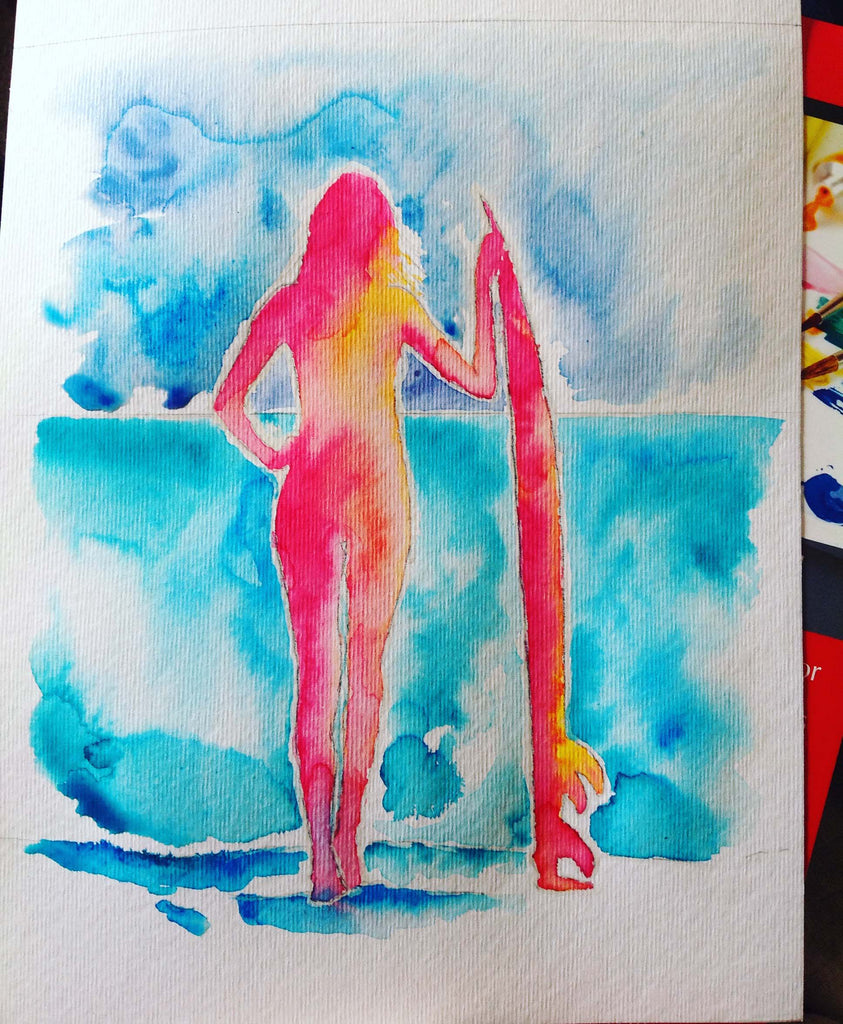 Surfer Girl Watercolour painting - work in progress, Tropical surf-inspired print with turquoise, pink, and yellow accents