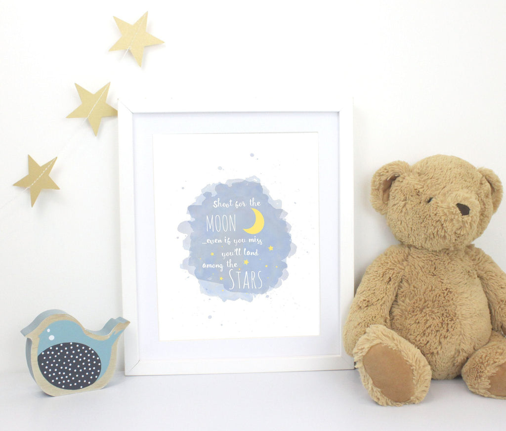 Moon Nursery Art, Shoot for the Moon Print, Inspirational Nursery Quote, Inspirational Kids Pictures, Blue Baby Shower Gift