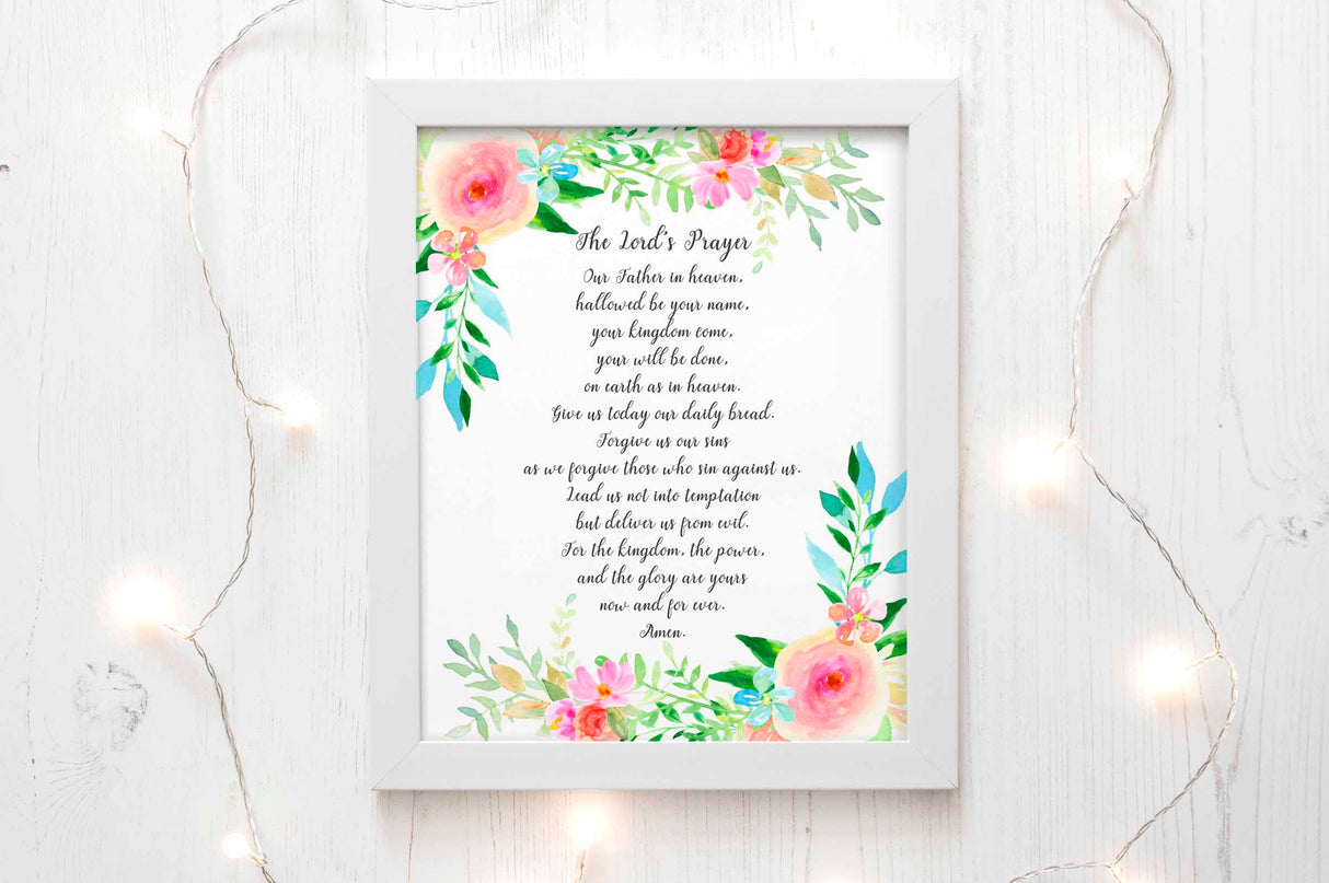 Floral Elements Grace Contemporary Lord's Prayer Art, Perfect for Spiritual Homes.