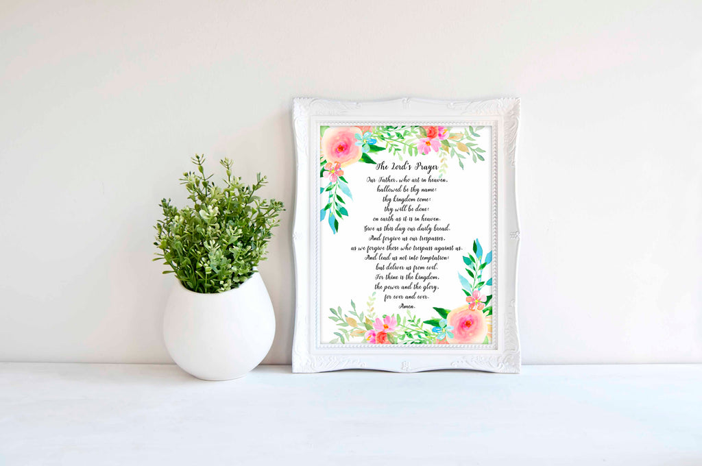 Traditional Version of Lords Prayer Picture with delicate florals and leaves in diverse sizes - Perfect Christian Gift