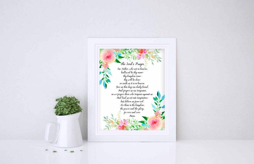 Floral The Lord's Prayer Print Pretty Christian Wall Art Poster, Lord's Prayer print with old-style wording, surrounded by florals and leaves